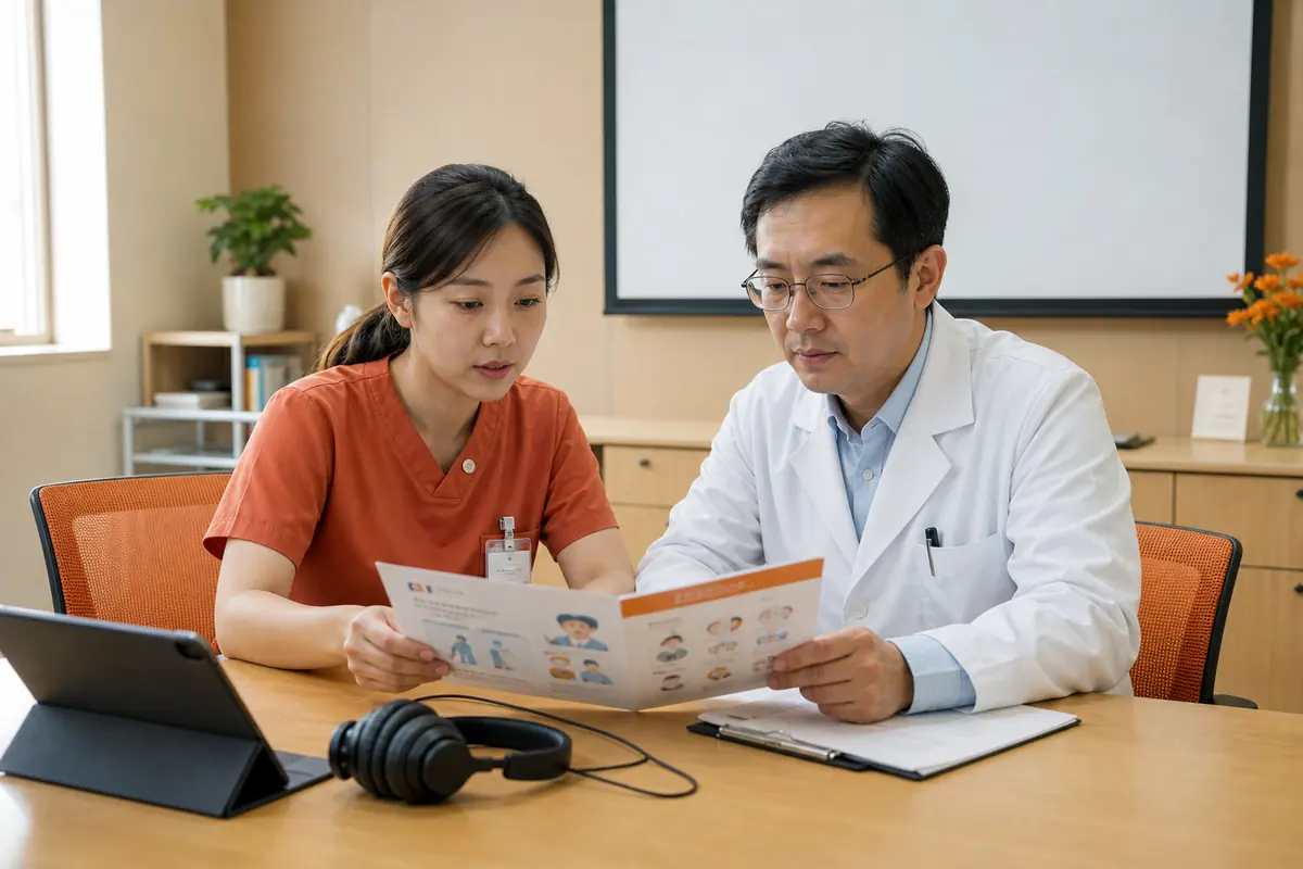 醫師與護理師一起檢視衛教手冊